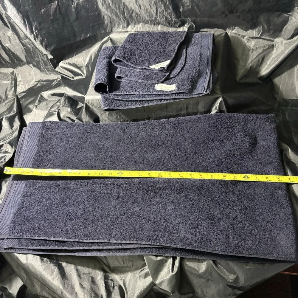 Vtg Sears Navy Blue Cotton Towel Set 3pc MCM Retro Bath Hand Washcloth USA